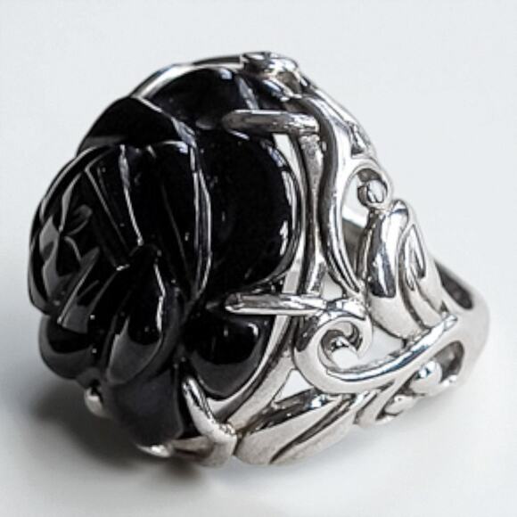 Vintage 925 Silver Carved Black Onyx Rose Ring Size 5.75 Chunky Statement - Picture 3 of 10
